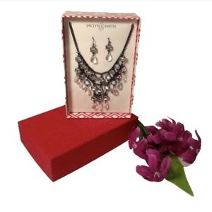 Bib Necklace & Earring Set Dangle Faceted Teardrop Beads Clear 18in Long